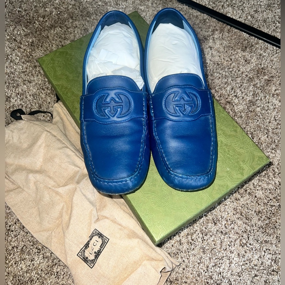 GUCCI INTERLOCKING G CUT-OUT LOAFERS SOFT CALF LEATHER ROYALE BLUE SZ 10.5